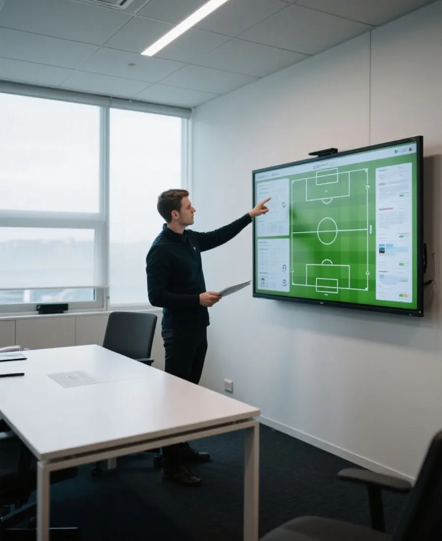 分析师查看足球比赛数据报告示意图