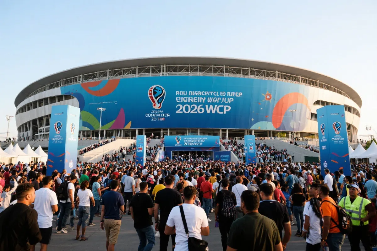 2026年世界杯体育场外景,人潮涌动,热烈的足球赛事氛围