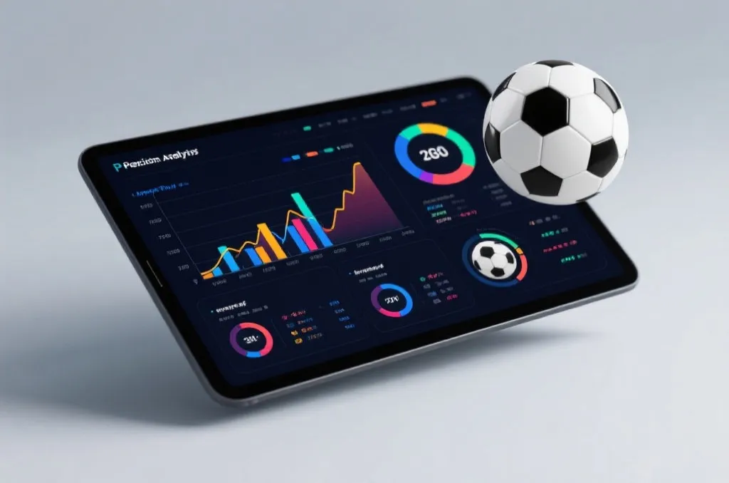Abstract sports analytics dashboard with glowing charts and soccer ball indicators representing data prediction